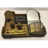 A box of small metalware items, comprising a brass sewing thread holder, a miniature brass tilt