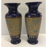 A large pair of Royal Doulton Lambeth Slaters patent vases in blue & gold. Approx 41cm high - one