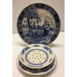 2 items of blue & white china. A large Delft Blauw plate and a Cauldon China cress bowl with