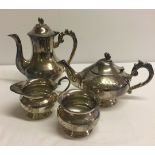 A silver plated tea set comprising teapot, water pot, milk jug and sugar bowl.