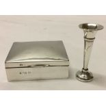 2 silver items. A small bud vase hallmarked Birmingham 1986, 8cm high and a lidded box hallmarked