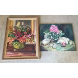 2 oil on canvas paintings each of flowers - one signed Hilda Waller a/f.