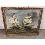 A large gilt framed oil painting by Helen Dedrick depicting 2 Man of War ships. Approx frame size 84