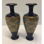 A pair of Royal Doulton Slaters patent vases in navy blue glaze with gold, white & blue panel