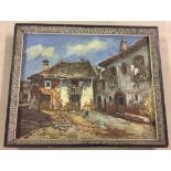 A large oil on board of a continental courtyard. Signed A.Cerizo (?) 60 x 74cm