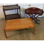 3 small items of furniture: a modern pine coffee table, a vintage dark wood tea trolley and a modern