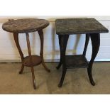 2 carved occasional tables with flower design, one with square shaped top and one circular top. Both