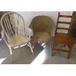 3 chairs - A wheelback carver chair painted cream, a modern pine kitchen chair & a gold coloured