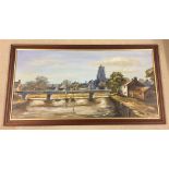 J. Adamson large oil on board of Beccles woodyard and bridge. Signed & dated '80. 54 x 109cm