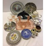 A quantity of mixed china and glass items to include: Poole dolphin, Arthur Woods teapots & Copeland