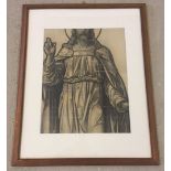 A framed & glazed black & white part cartoon of a religious figure. Approx 43 x 55cm.