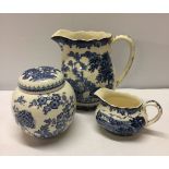 3 blue & white ceramic items: 2 Royal Worcester Avon scenes jugs together with a Masons lidded