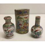 An oriental brush pot measuring approx 10cm tall together with 2 oriental miniature vases.