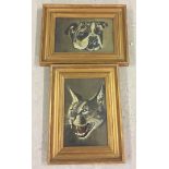 A pair of modern framed oil on canvas pictures of animal heads in gilt frames approx 15.5 x 24cm.