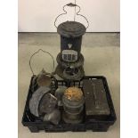 A mixed lot of assorted metalware items to include: Tilley lamps, store and an ammunition box.