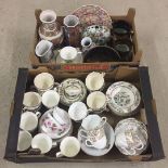 2 boxes of mixed ceramics to include part Indian Tree tea set and Beleek pin dish.