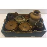 A box of mixed stoneware items to include stone jar and lidded pots.