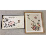 2 oriental paintings: 1) Print of bird and flowers 36x58cm, 2) Watercolour on paper, mounted on silk