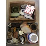 2 boxes of mixed ceramics and misc items to include blue & white dinner ware, Holkham, Metamec clock