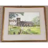 Watercolour of a church signed Geoff Bowker 1986. 26 x 36cm.