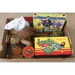 A box of misc vintage toys to include: 1950s board games, building blocks and straw filled teddy