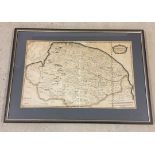 A Robert Mordan framed & glazed coloured engraving of a map of Norfolk. Approx 38 x 59cm.