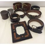 A quantity of misc leather items to include leather cased stacking measuring cups and Georgio Armani