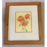 Watercolour of orange Chrysanthamums. Signed KR09. Framed & glazed 34 x 26cm.