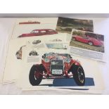 A set of 10 glossy car prints with vehicle details attached together with a quantity of classic