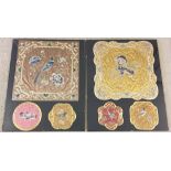 6 Chinese silk embroidered table mats depicting lions and birds. Framed & glazed