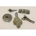 5 Scottish brooches to include St. Justin pewter brooch and a lucky rabbits foot.