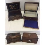 2 vintage wooden writing boxes one with mother of pearl & paua shell inlay and one with metal