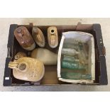 A box of stoneware flagons and glass bottles. Largest flagon 'Pope Bros Spirit Merchants,