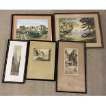 A collection of 5 framed & glazed pictures to include watercolour by G.M Hossbach & etching of