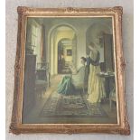 A vintage gilt framed & glazed print of a Victorian house scene.