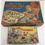 A 1950s boxed remote control driving test game by Merit Games together with a blow football game.