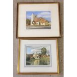 2 framed & glazed watercolours by Ken Cooper, small showing a temple by a river, larger depicting