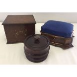 3 small wooden boxes: one with a blue felt lid, one with AEB monogram on lid and a round rosewood