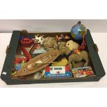 A box of vintage toys to include Noddy xylophone, tinplate globe and small bisque head doll.