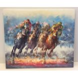 Oil on canvas of a horse racing scene. Measures 51cm x 61cm signed J. Donny.