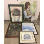 4 framed & glazed prints together with an oil on board of a seated gentleman.