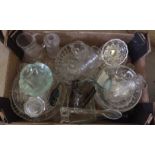 A box of mixed glassware to include pickle jar, fruit bowls & salts.