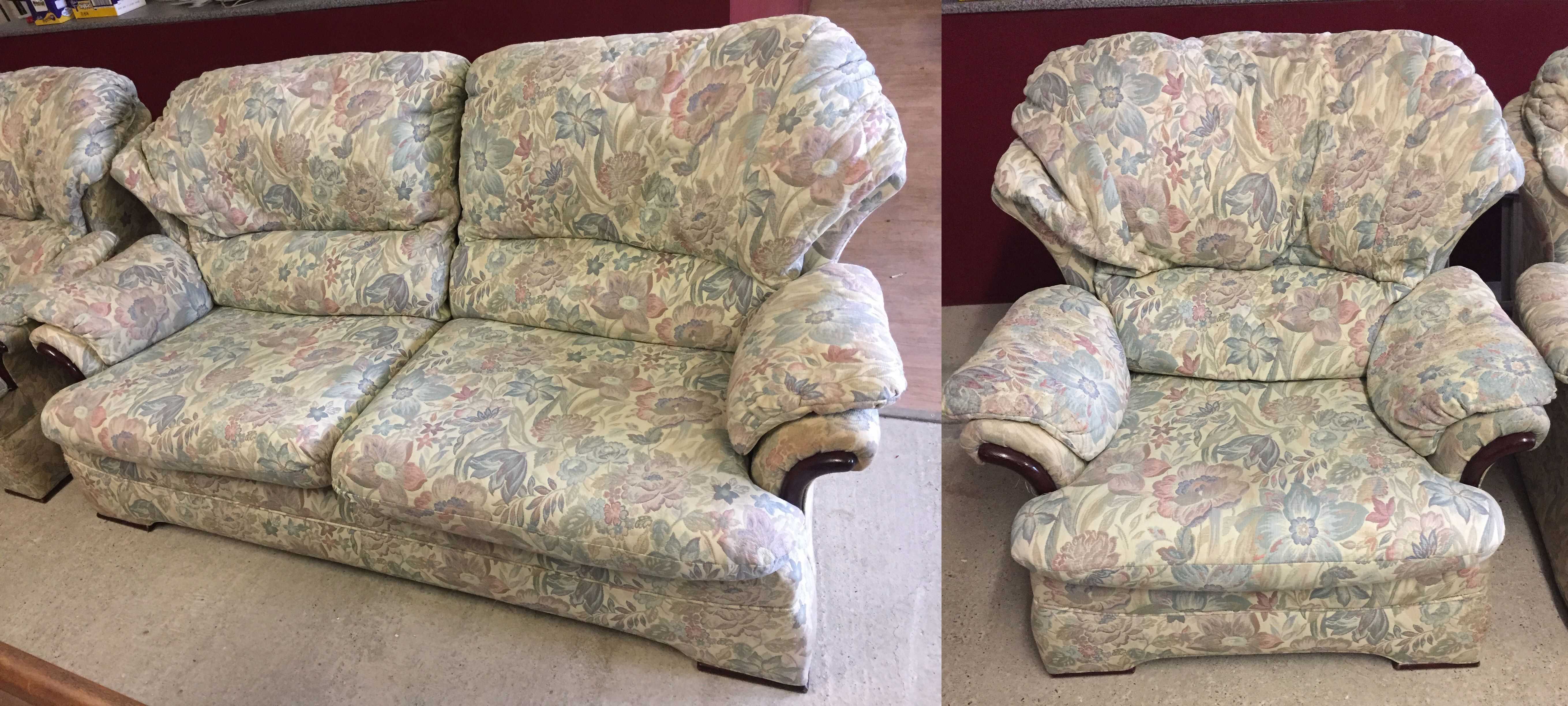A G-Plan 3 seater settee with floral upholstery together with a matching armchair.