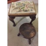 A vintage oak milking stool with a tapestry topped oak stool.