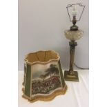 A Victorian heavy brass column design oil lamp with cut glass bowl (has been converted to