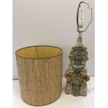 A double tier Bernard Rooke studio pottery lamp with original raffia drum lampshade. Beige and