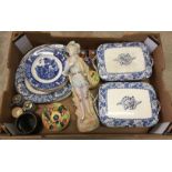 A box of mixed ceramics to include a quantity of blue & white china and a Carlton ware jam pot.