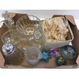 A box of misc glass items to include 2 Caithness paperweights.