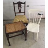 2 vintage wooden bedroom chairs together with a cane seated stool.
