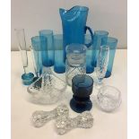 A box of misc glassware to include a handblown teal coloured water set, Whitefriars and Wedgwood